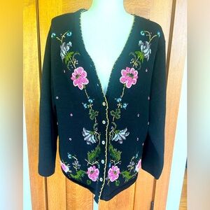 J Peterman 🌸🖤 Vintage Beaded 80’s Sweater Cardigan Size X-Large Embroidered 🖤